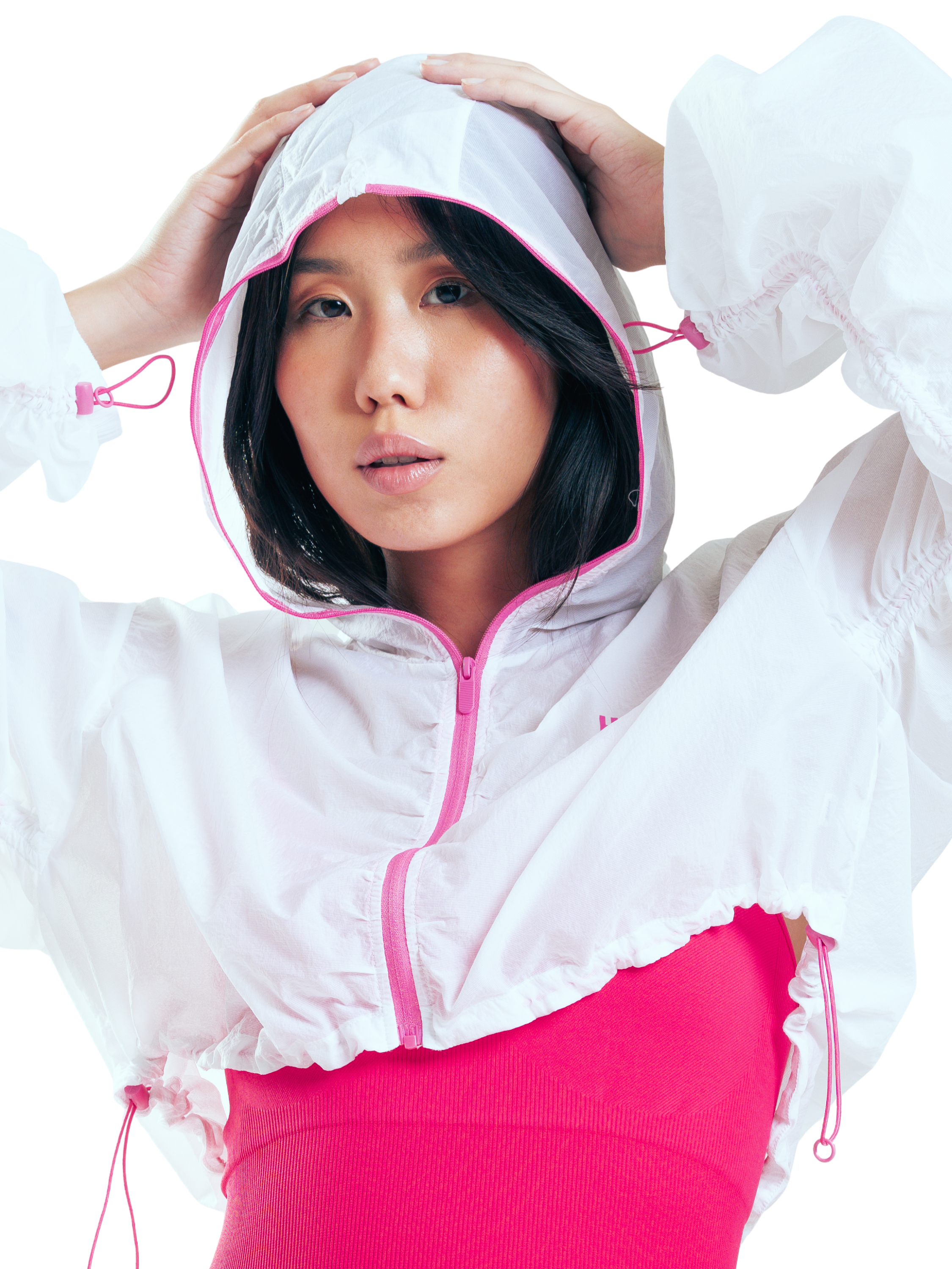 JACKET CROP ZIP HERO BLANCO CON ROSADO